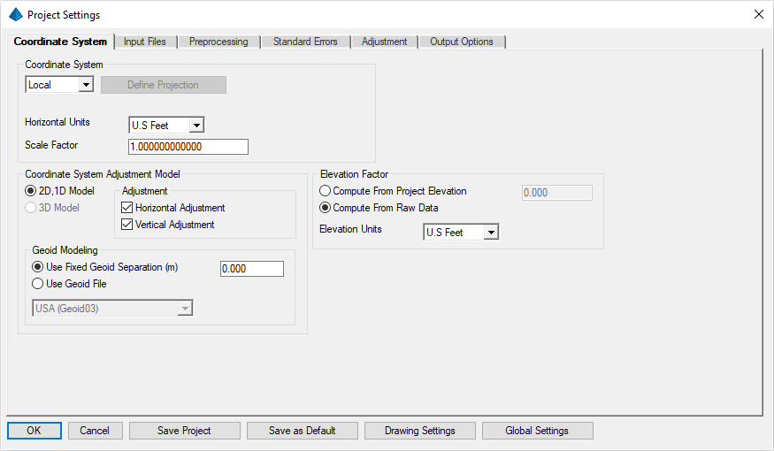 SurvNET Settings - Coordinate System
